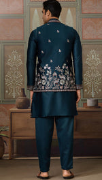 Grand Teal Color Silk Fabric Kurta Pajama and Jacket
