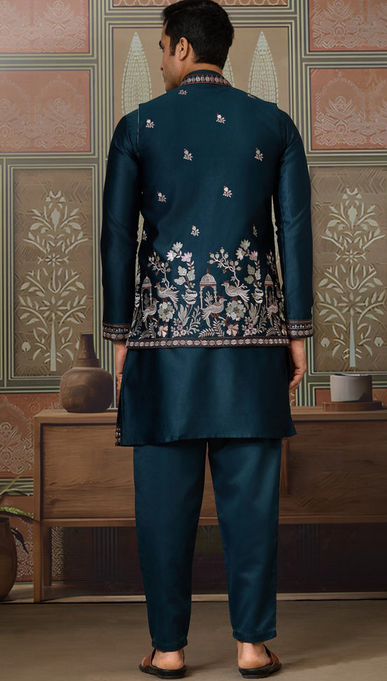 Grand Teal Color Silk Fabric Kurta Pajama and Jacket
