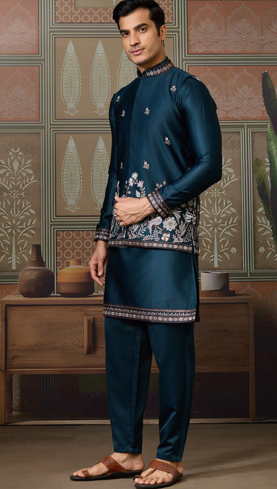 Grand Teal Color Silk Fabric Kurta Pajama and Jacket