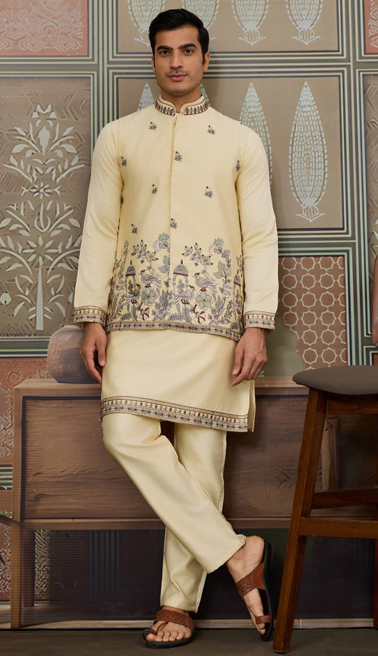 Grand  Yellow Color Silk Fabric Kurta Pajama and Jacket