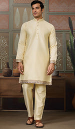 Grand  Yellow Color Silk Fabric Kurta Pajama and Jacket