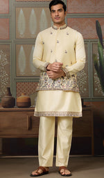 Grand  Yellow Color Silk Fabric Kurta Pajama and Jacket