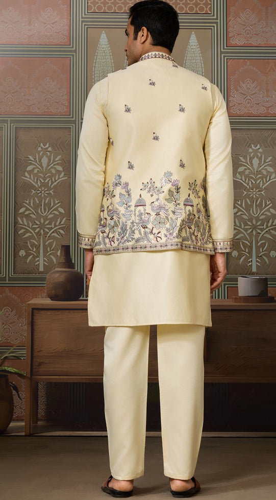 Grand  Yellow Color Silk Fabric Kurta Pajama and Jacket