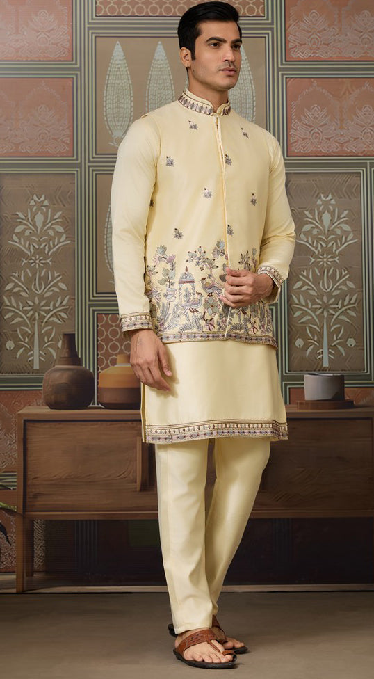 Grand  Yellow Color Silk Fabric Kurta Pajama and Jacket