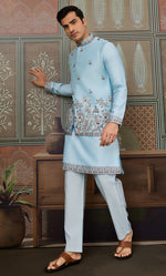 Grand Aqua Color Silk Fabric Kurta Pajama and Jacket