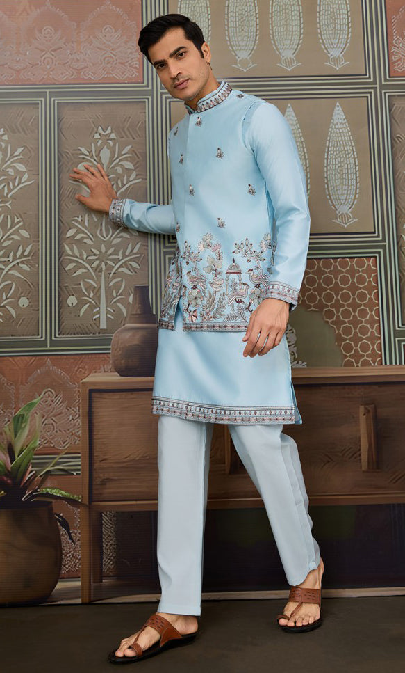 Grand Aqua Color Silk Fabric Kurta Pajama and Jacket