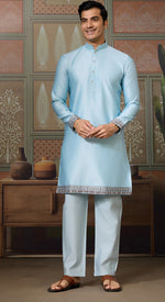 Grand Aqua Color Silk Fabric Kurta Pajama and Jacket