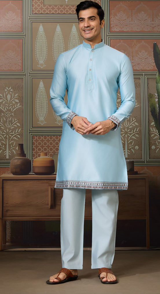 Grand Aqua Color Silk Fabric Kurta Pajama and Jacket