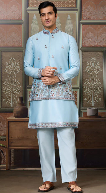 Grand Aqua Color Silk Fabric Kurta Pajama and Jacket