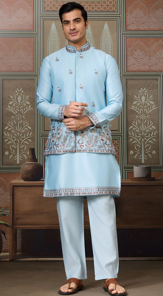 Grand Aqua Color Silk Fabric Kurta Pajama and Jacket