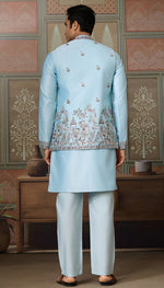 Grand Aqua Color Silk Fabric Kurta Pajama and Jacket