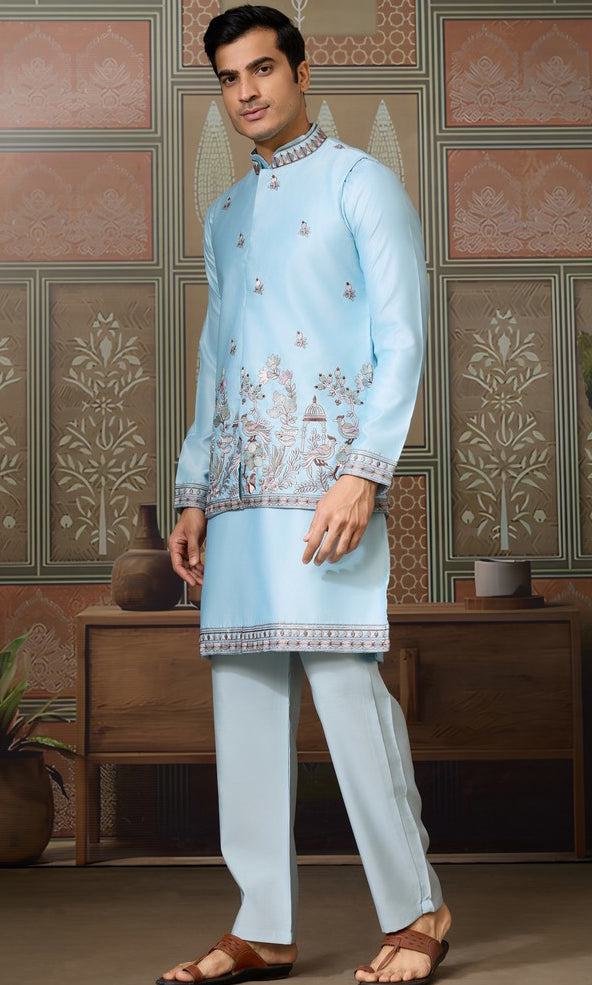 Grand Aqua Color Silk Fabric Kurta Pajama and Jacket
