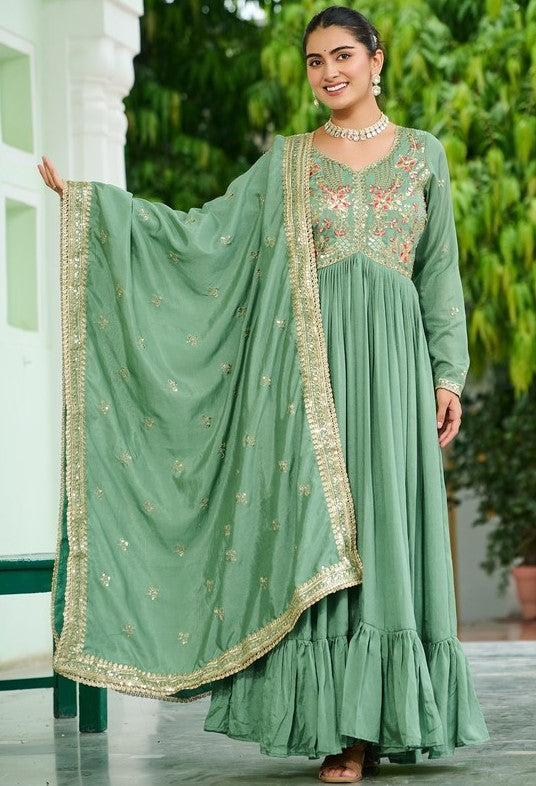 Striking Green Color Vichitra Fabric Gown