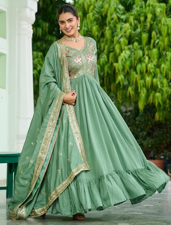 Striking Green Color Vichitra Fabric Gown
