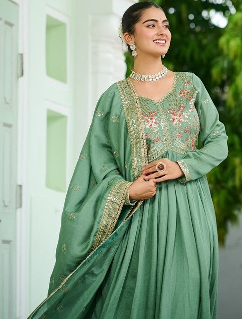 Striking Green Color Vichitra Fabric Gown