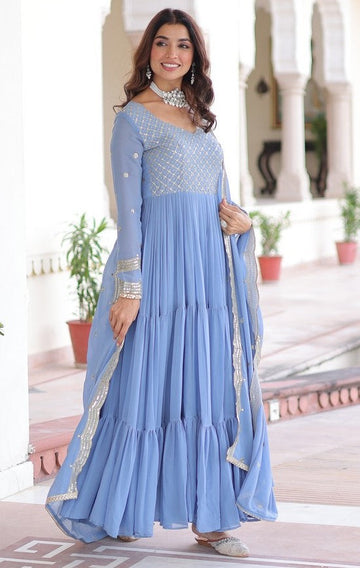 Striking Aqua Color Georgette Fabric Gown