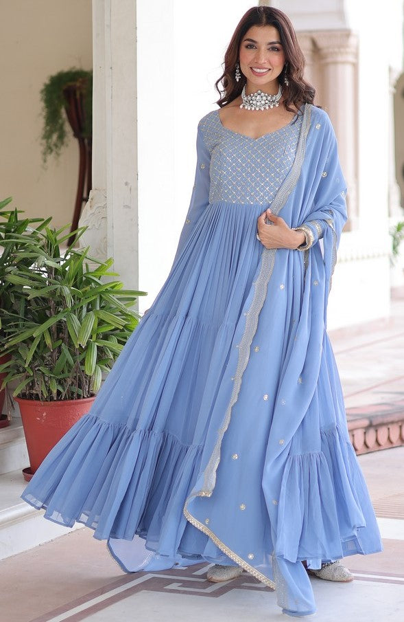 Striking Aqua Color Georgette Fabric Gown