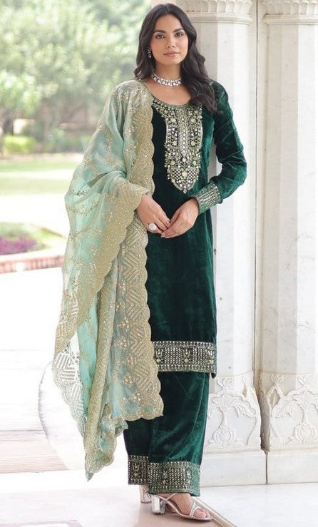 Amazing Green Color Velvet Fabric Designer Suit