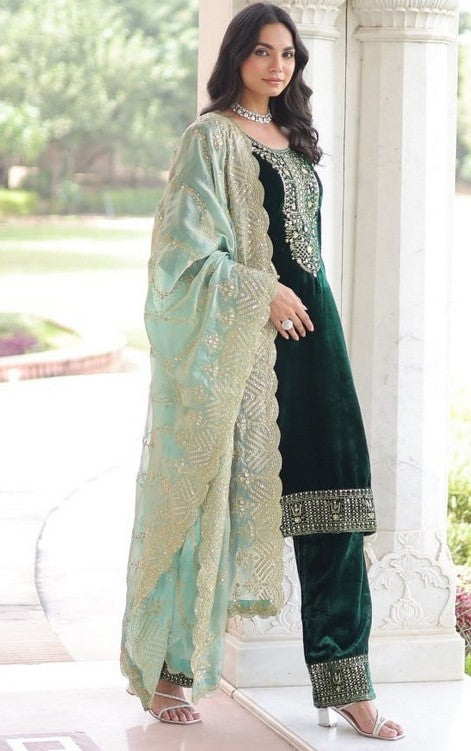Amazing Green Color Velvet Fabric Designer Suit