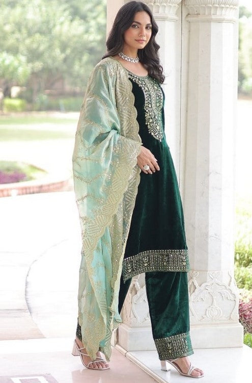 Amazing Green Color Velvet Fabric Designer Suit