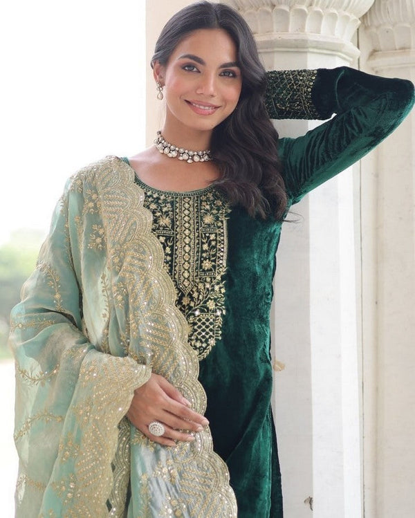 Amazing Green Color Velvet Fabric Designer Suit
