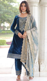 Amazing Navy Blue Color Velvet Fabric Designer Suit