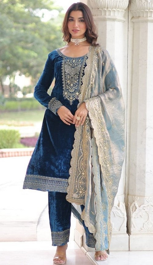 Amazing Navy Blue Color Velvet Fabric Designer Suit
