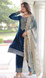 Amazing Navy Blue Color Velvet Fabric Designer Suit