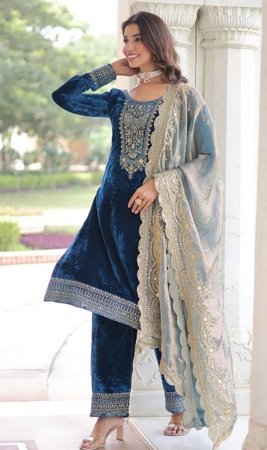 Amazing Navy Blue Color Velvet Fabric Designer Suit