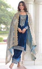 Amazing Navy Blue Color Velvet Fabric Designer Suit