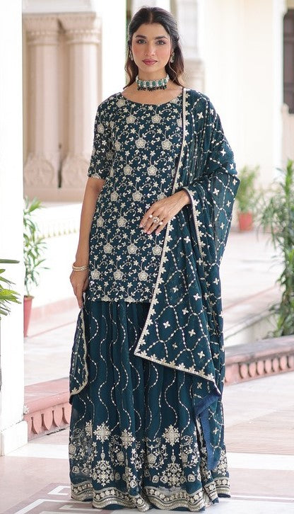 Tasteful Teal Color Georgette Fabric Partywear Suit