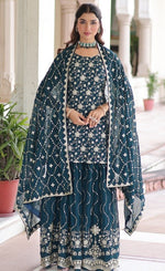 Tasteful Teal Color Georgette Fabric Partywear Suit