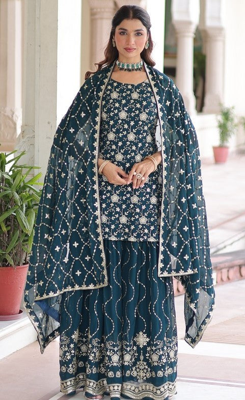 Tasteful Teal Color Georgette Fabric Partywear Suit