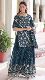 Tasteful Teal Color Georgette Fabric Partywear Suit