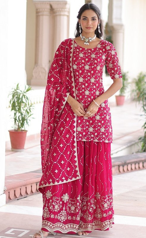 Tasteful Pink Color Georgette Fabric Partywear Suit
