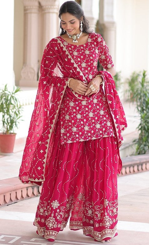 Tasteful Pink Color Georgette Fabric Partywear Suit