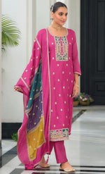 Beauteous Pink Color Chinon Fabric Designer Suit