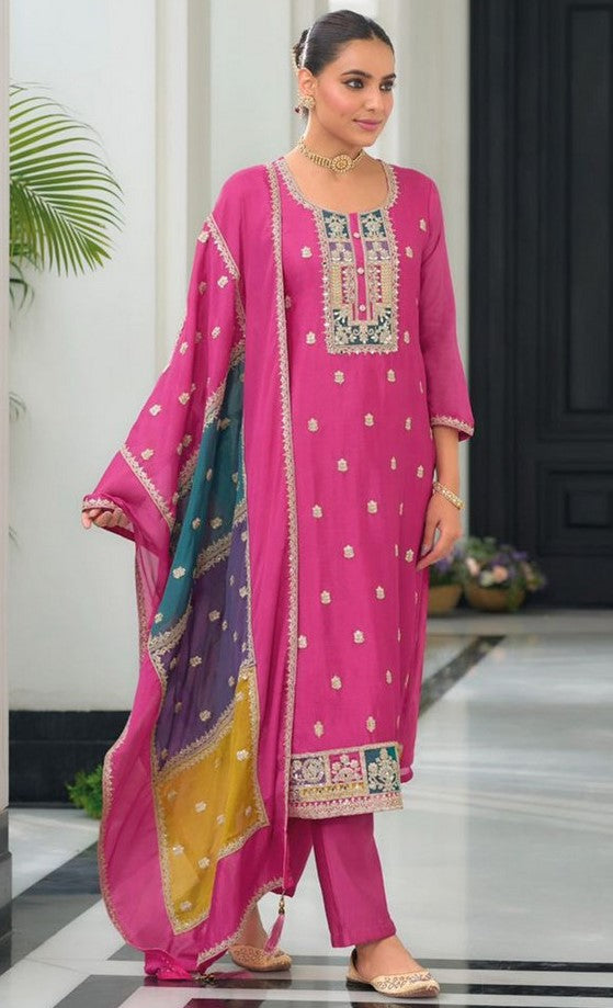 Beauteous Pink Color Chinon Fabric Designer Suit