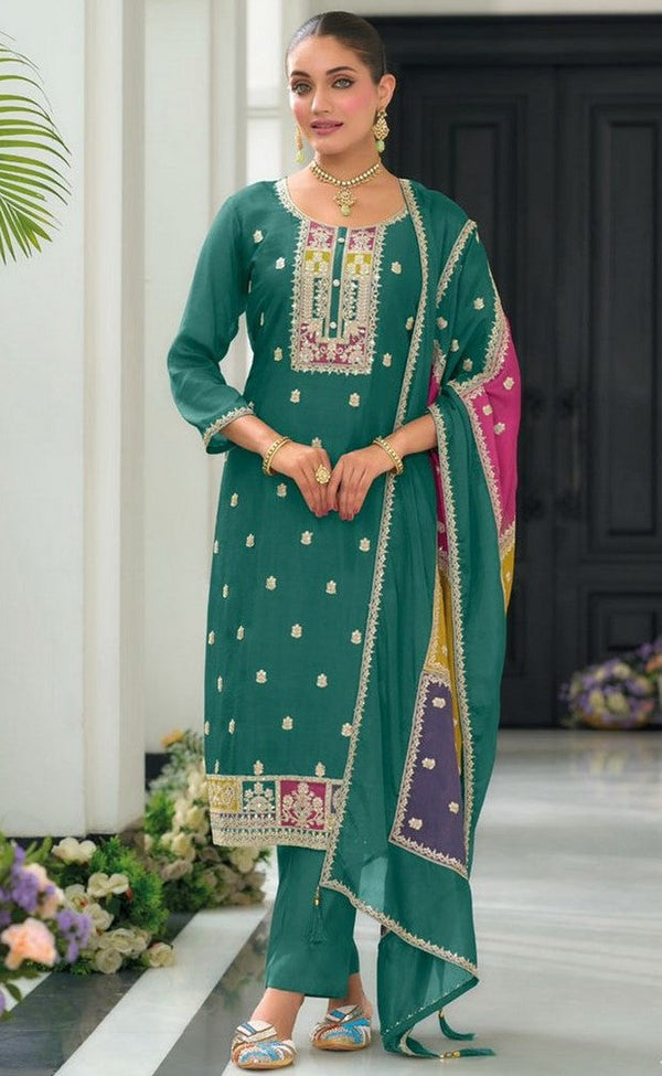 Beauteous Green Color Chinon Fabric Designer Suit