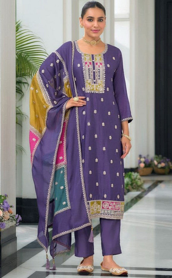 Beauteous Purple Color Chinon Fabric Designer Suit