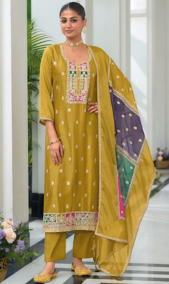 Beauteous Yellow Color Chinon Fabric Designer Suit