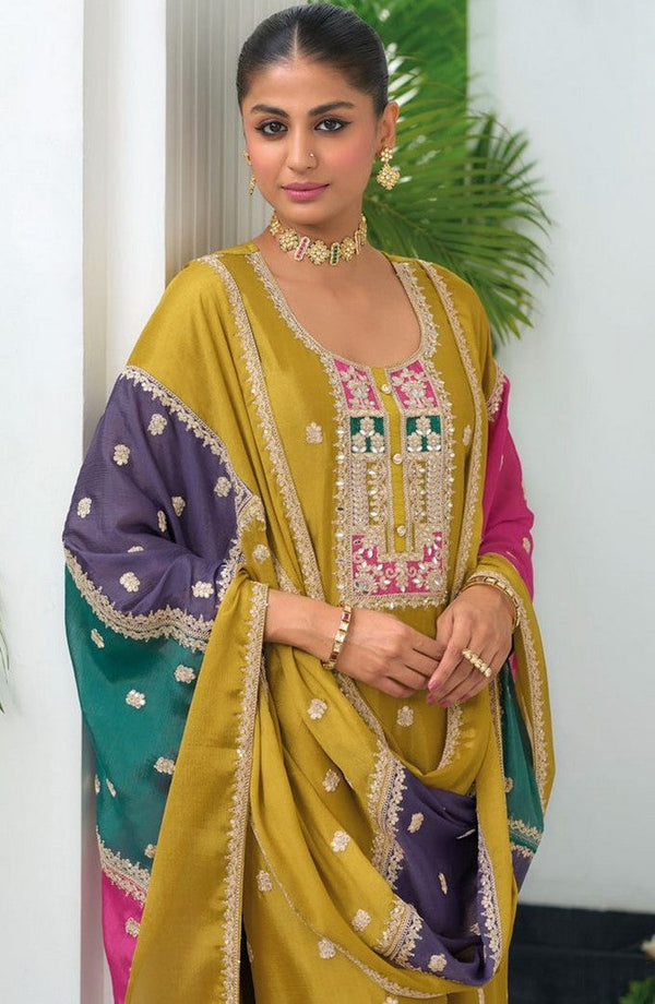 Beauteous Yellow Color Chinon Fabric Designer Suit