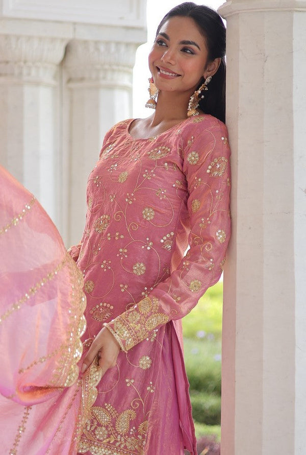 Beauteous Pink Color Fandy Fabric Sharara Suit
