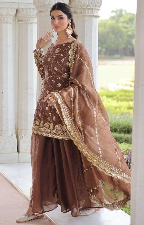 Beauteous Brown Color Fandy Fabric Sharara Suit