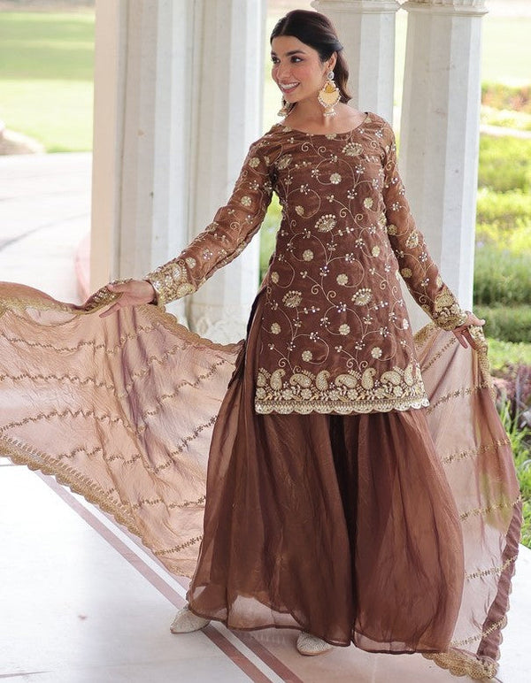 Beauteous Brown Color Fandy Fabric Sharara Suit