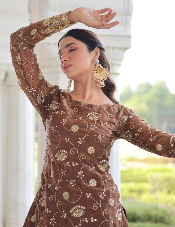 Beauteous Brown Color Fandy Fabric Sharara Suit
