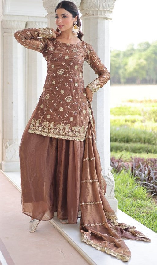 Beauteous Brown Color Fandy Fabric Sharara Suit