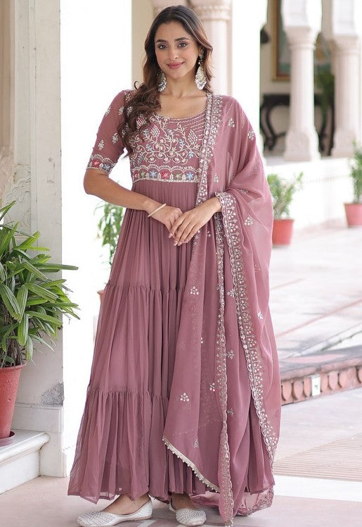 Striking Peach Color Blooming Fabric Gown