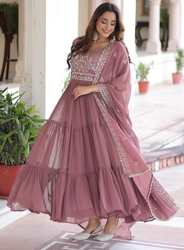 Striking Peach Color Blooming Fabric Gown