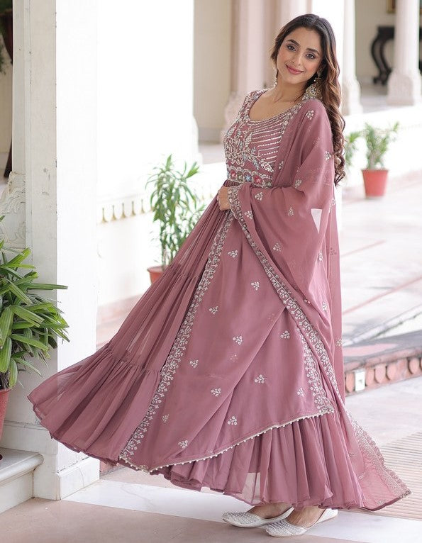 Striking Peach Color Blooming Fabric Gown